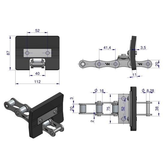 Łańcuch podajnika ziarnowego kpl. 38 łopatek 86 x 110 mm zastosowani Bizon Rekord Waryński