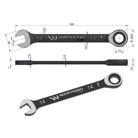 Klucz płasko-oczkowy 14 mm z grzechotką 72 zęby standard ASME B107-2010 Waryński