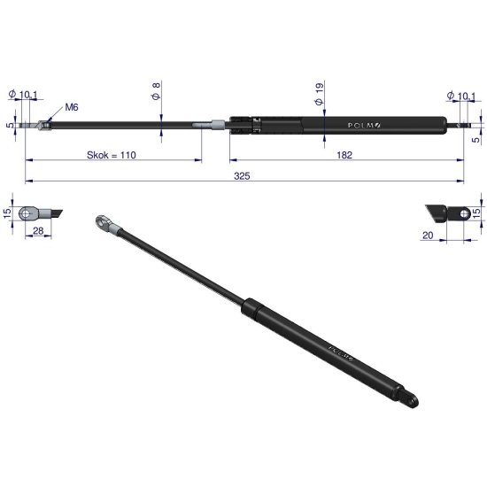 Siłownik szyby tylnej. drzwi. szyberdachu L max. 325mm 60117932, 00938230 ZETOR POLMO