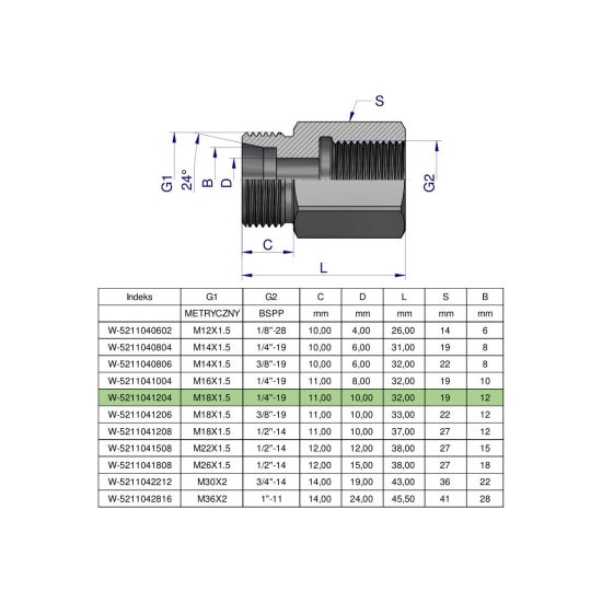 Tulejka różnicowa hydrauliczna AB M18x1.5 12L GZ x 1/4" BSP Waryński ( sprzedawane po 2 )