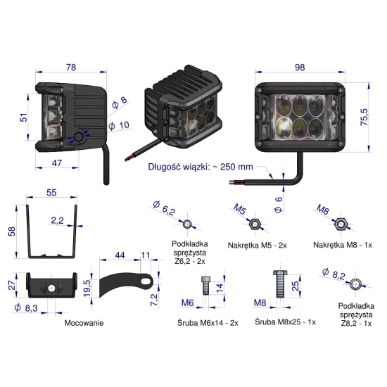 Lampa robocza kwadratowa szerokokątna 48W 12LED GLANZ