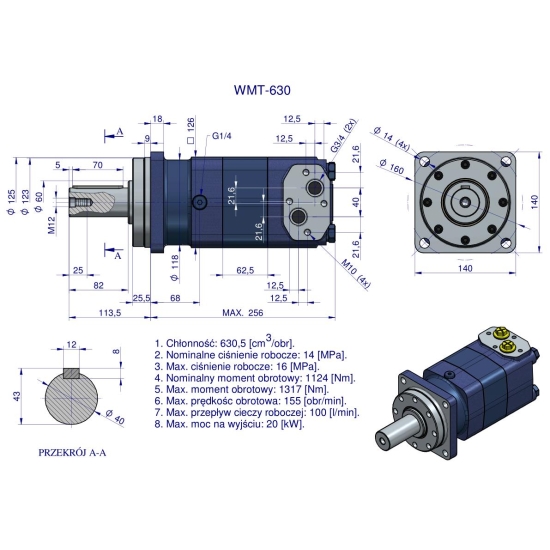 Silnik hydrauliczny orbitalny WMT 630 cm3/obr (140 bar / max.190 bar) Waryński