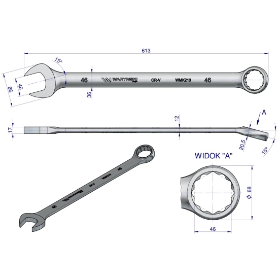 Klucz płaskooczkowy extra długi 46mm dł 613mm standard ASME B107.9M  Waryński