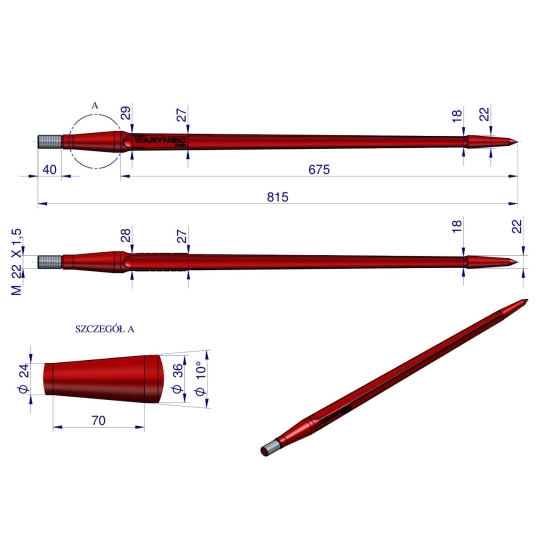 Ząb ładowacza uniwersalny czerwony prosty L- 810 mm zastosowanie 5193-FT1N Tur WARYŃSKI W9132-810P