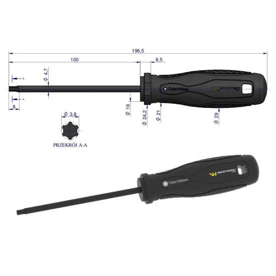 Wkrętak T20. 100 mm. stal SVCM. Waryński