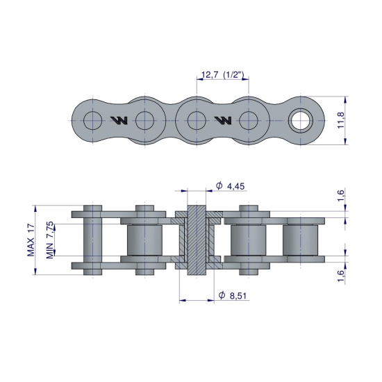 Łańcuch rolkowy 08B-1 (R1 1/2) Waryński ( sprzedawane po 30m )