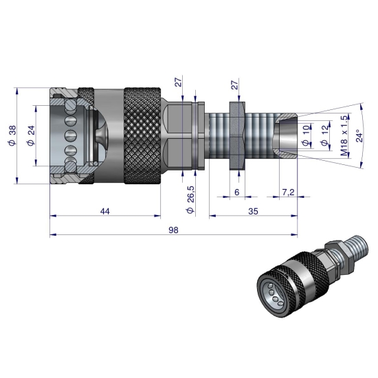 Szybkozłącze hydrauliczne gniazdo long M18x1.5 gwint zewnętrzny EURO PUSH-PULL (9100818GL) (ISO 7241-A) Waryński