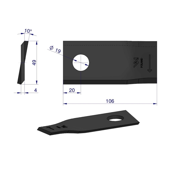 Nóż. nożyk kosiarka prawy 106x48x4mm otwór 19 zastosowanie 570444 Niemeyer WARYŃSKI ( sprzedawane po 25 )