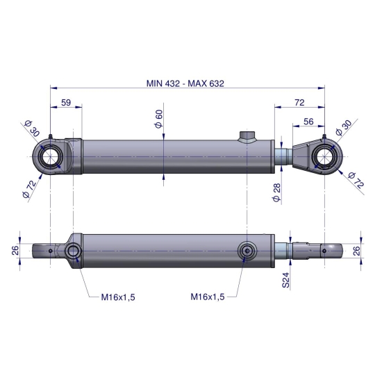 Cylinder hydrauliczny - siłownik dwustronny wspomagania CJF-50/28/200Z (sworzeń 30mm) Bizon Waryński