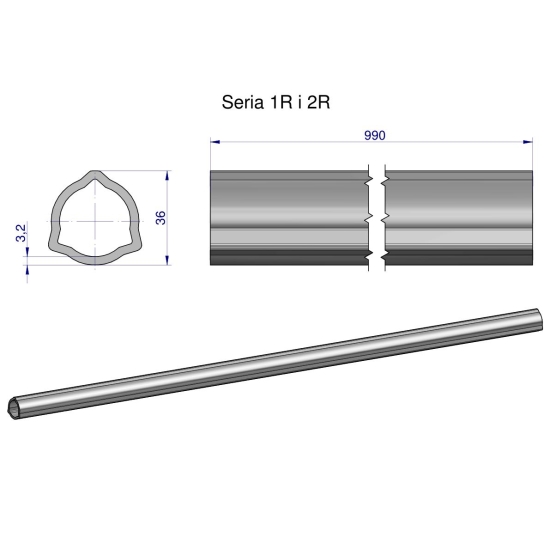 Rura wewnętrzna Seria 2R, rura zewnętrzna Seria 1R do wału 1110 przegubowo-teleskopowego 36x3.2 mm 990 mm WARYŃSKI