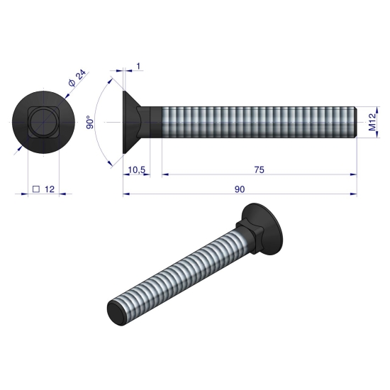 Śruba płużna podsadzana D 608 M12x90 mm kl.10.9 zastosowanie Gruber Waryński ( sprzedawane po 10kg )