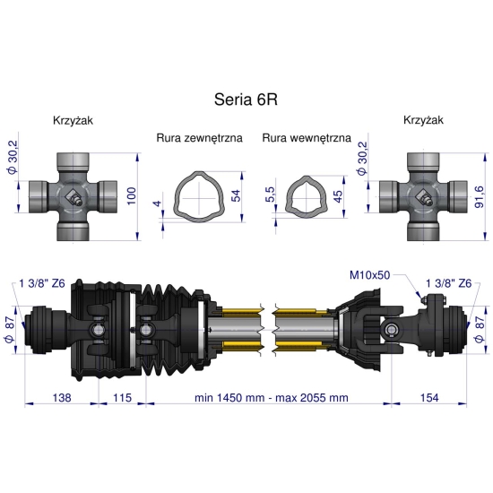 Wał przegubowo-teleskopowy 1450-2055mm 830Nm szerokokątny dr. st. sprzęgło z kołkiem 2500 Nm CE 2020 seria 6R Waryński