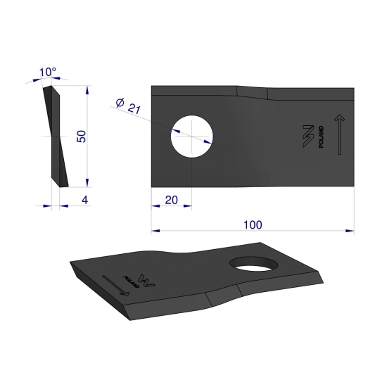 Nóż. nożyk kosiarka lewy 100X50X4mm otwór 21 zastosowanie RS100 Samasz WARYŃSKI ( sprzedawane po 25 )