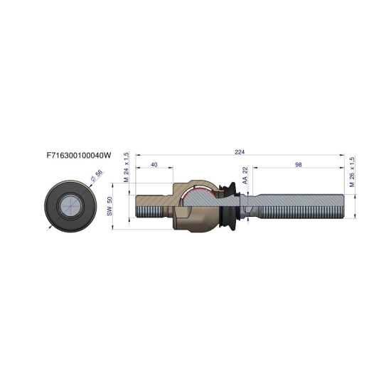 Przegub kierowniczy 224mm- M24x1,5; M26x1,5 F716300100040 WARYŃSKI