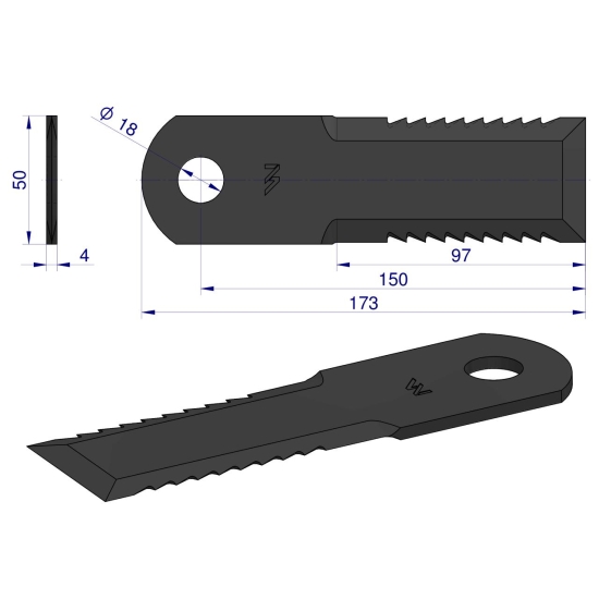 Nóż obrotowy rozdrabniacz słomy sieczkarnia uzębiony 173x50x4mm otwór 18 zastosowanie 322326450 Lavwerda Fendt MF WARYŃSKI ( sprzedawane po 25 )