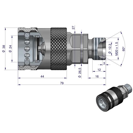 Szybkozłącze hydrauliczne gniazdo M20x1.5 gwint zewnętrzny EURO PUSH-PULL (9100822G) (ISO 7241-A) Waryński