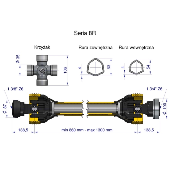 Wał przegubowo-teleskopowy 860-1300mm 1240Nm Z6 - 1 3/4 CE 2020 seria 8R Waryński