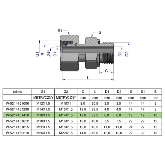 Przyłączka hydrauliczna metryczna AB (EVGE) M16x1.5 10L x M14x1.5 ED Waryński ( sprzedawane po 2 )