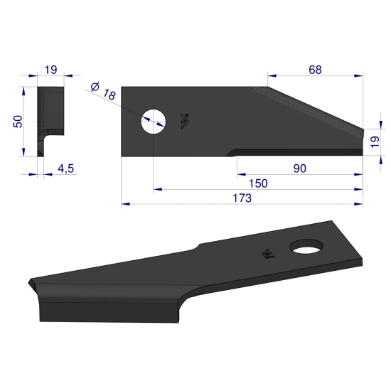 Nóż obrotowy rozdrabniacz słomy sieczkarnia podgięty 173x50x4.5mm otwór 18 zastosowanie 87031976 New Holland WARYŃSKI ( sprzedawane po 25 )