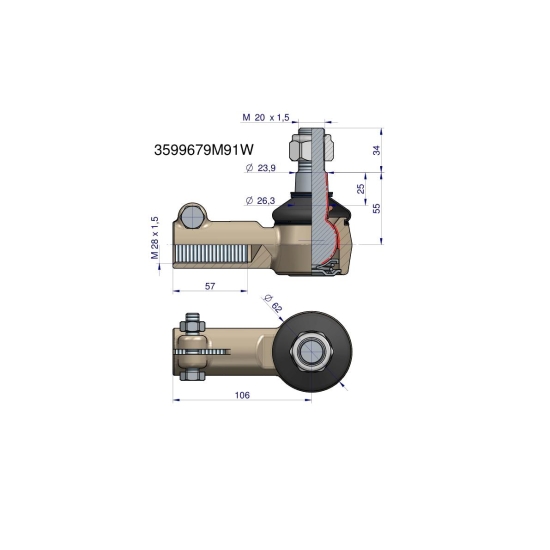 Przegub kierowniczy 106mm- M28x1,5 3599679M91 WARYŃSKI