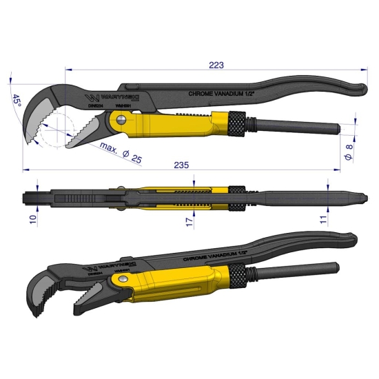 Szczypce nastawne szwedzkie do rur szczęki typ 45° o rozstawie max 25mm długość 235mm Waryński