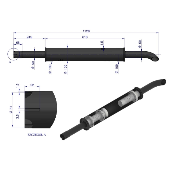 Tłumik 1128mm 3029104M1 4.8kg MF3 C-3603P ORYGINAŁ URSUS