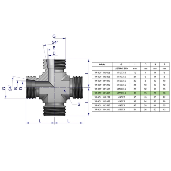 Czwórnik hydrauliczny metryczny BBBB M26x1.5 18L Waryński