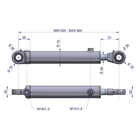 Cylinder hydrauliczny - siłownik dwustronny pomocniczy podnośnika (SMT2CJ.63.36.300; 89409402) C-385 6-cyl. Waryński