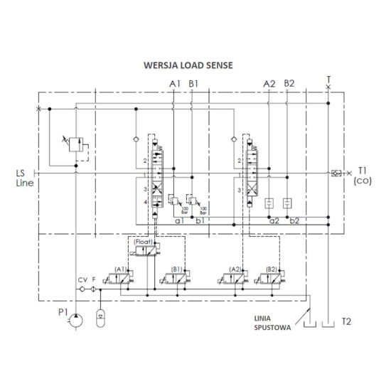 Proporcjonalny rozdzielacz hydrauliczny do ładowaczy czołowych LS (Load Sense) 2-sek. max przepływ 90L 1-sekcja pływająca - sterowany elektrycznie