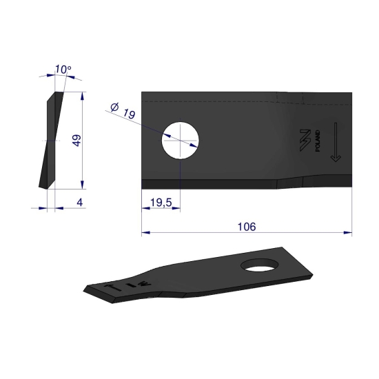 Nóż. nożyk kosiarka prawy 106x48x4mm otwór 19 zastosowanie 153967103 SIP WARYŃSKI ( sprzedawane po 25 )