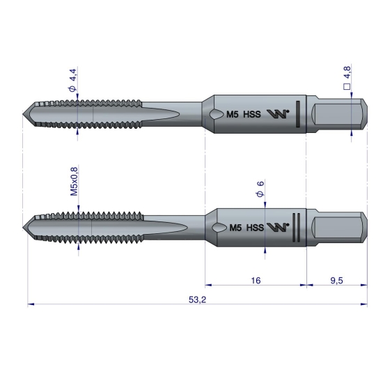 Komplet gwintowników  przemysłowych M5x0,8 dwusztukowy ze stali HSS wstępny. wykańczak  DIN 352/2 Waryński