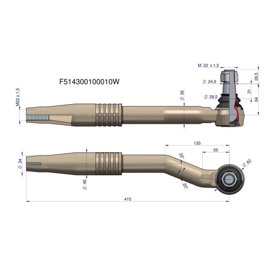 Przegub kierowniczy prawy 415mm- M22x1,5 F514300100010 WARYŃSKI