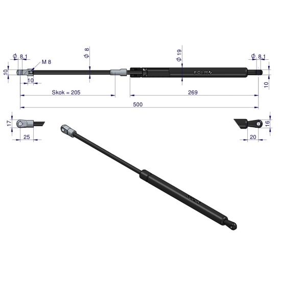 Siłownik szyby tylnej L max. 500mm 65421008 STEYR POLMO