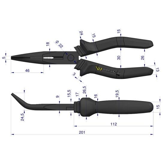 Szczypce wydłużone wygięte 200 mm Waryński