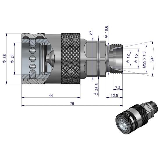 Szybkozłącze hydrauliczne gniazdo M22x1.5 gwint zewnętrzny EURO PUSH-PULL (9100822G) (ISO 7241-A) Waryński (opakowanie 50szt)