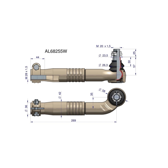 Przegub kierowniczy prawy 269mm- M28x1,5 AL68255 WARYŃSKI