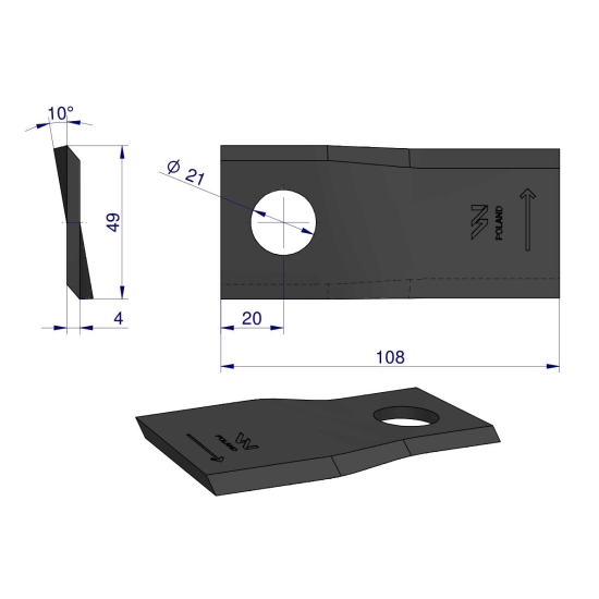 Nóż. nożyk kosiarka lewy 108x48x4mm otwór 21 zastosowanie 434971 Pottinger WARYŃSKI ( sprzedawane po 25 )