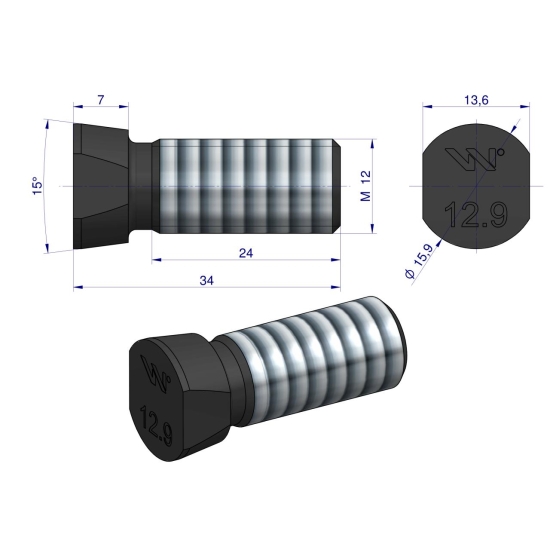 Śruba kpl. płużna oval z dwóch stron ścięta M12x34 mm kl.12.9 zastosowanie Kverneland Waryński M12X34OV2KV ( sprzedawane po 25 )