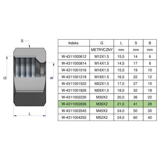 Nakrętka hydrauliczna metryczna (M28L) M36x2 28L Waryński ( sprzedawane po 5 )