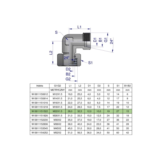 Kolanko hydrauliczne metryczne AB M22x1.5 15L (XEVW) Waryński ( sprzedawane po 5 )