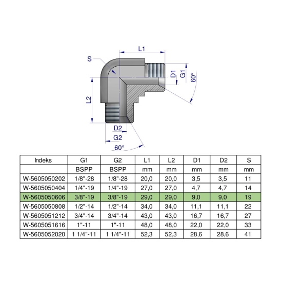 Kolanko hydrauliczne calowe BB 3/8" BSP (XW) Waryński ( sprzedawane po 5 )