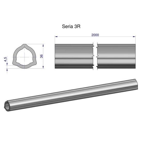 Rura trójkątna wewnętrzna Seria 3R wału przegubowo-teleskopowego 36x4.5 mm - 2m WARYŃSKI (sprzedawane po 2)