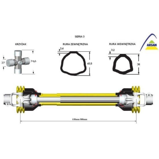 Wał przegubowo-teleskopowy 610-900mm 400Nm 50230 CE seria 3 AKSAN