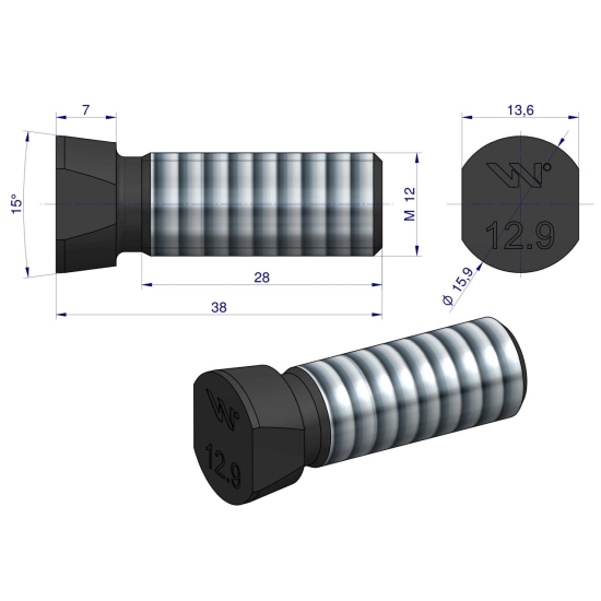 Śruba kpl. płużna oval z dwóch stron ścięta M12x38 mm kl.12.9 zastosowanie Kverneland Waryński M12X38OV2KV ( sprzedawane po 25 )