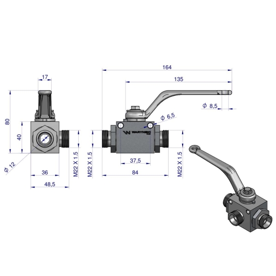 Zawór kulowy hydrauliczny 3-drogowy 3/2 M22x1.5 15L z otworami mocującymi 500 bar Waryński