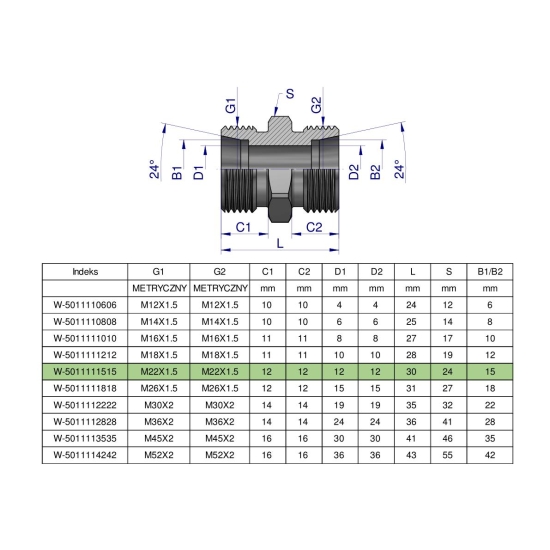 Złączka hydrauliczna metryczna BB M22x1.5 15L (XG) Waryński ( sprzedawane po 10 )