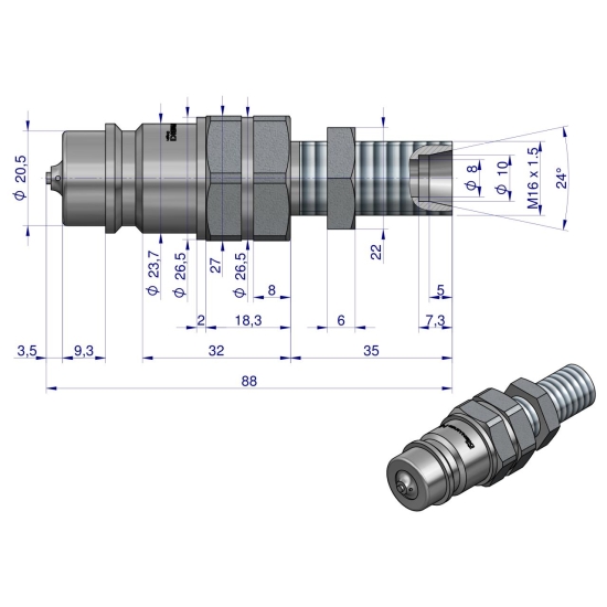 Szybkozłącze hydrauliczne wtyczka long M16x1.5 gwint zewnętrzny EURO (ISO 7241-A) z eliminatorem ciśnienia Waryński