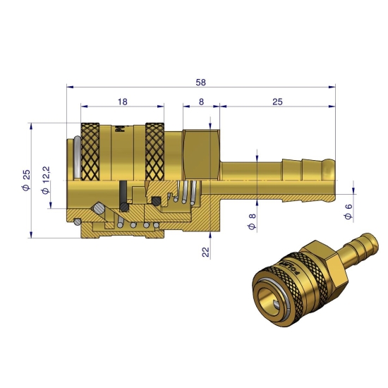 Szybkozłącze pneumatyczne P26 NW7.2 gniazdo pod wąż DN08mm POLMO ( sprzedawane po 5 )