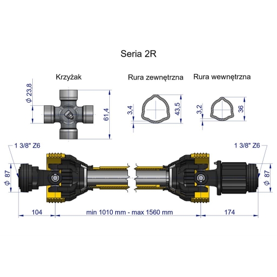 Wał przegubowo-teleskopowy 1010-1560mm 270Nm sprzęgło zapadkowe CE 2020 seria 2R WARYŃSKI