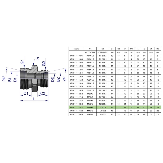 Złączka hydrauliczna redukcyjna metryczna BB M36x2 28L / M30x2 22L (XG) Waryński